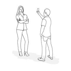 Line drawing of selfie. Vector illustration portrait character of young woman and man, holding smartphone.