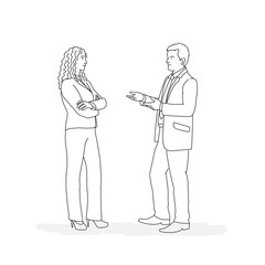 Man and woman are talking. Line drawing vector illustration.