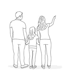 Line drawing vector illustration of daughter, father and mother pointing at empty space.