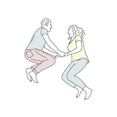 Fototapeta na wymiar Hand drawn of jumping couple. Man and woman. Vector illustration.