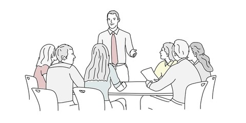 Group of business people working and communicating. Hand drawn vector illustration.