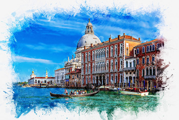 Tourists crossing tragetto through the Grand Canal, Venice, Veneto, Italy. Art sketch. Concept design greeting card, banner or poster for decoration interior. Raster illustration.