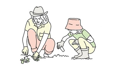 Hand drawn of  woman and her daughter work in the garden. Gardening or planting concept. Vector illustration.