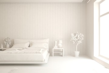 Modern bedroom in white color. Scandinavian interior design. 3D illustration