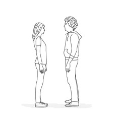 Man and woman stand against each other. Line drawing vector illustration.