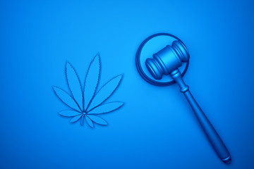 A cannabis leaf lies next to the judge's hammer, the concept of legalizing or banning marijuana, an abstract blue background, tinted.3D rendering.