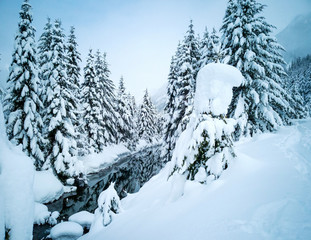 Snow covered frozen beautiful Gold Creek Pond with snow covered trees and trail during the winter in the Alpine Lakes Wilderness in Kittitas county Washington State