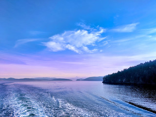 Waves quaking behind a ferry making its way through the San Juan Islands