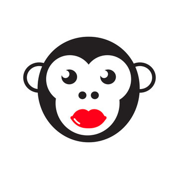 Face Of A Monkey With Bright Red Lips. Vector Illustration.