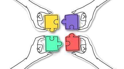 Four hands connecting colorful puzzles over white - obrazy, fototapety, plakaty