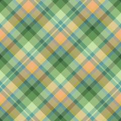 Seamless pattern in green, orange and blue colors for plaid, fabric, textile, clothes, tablecloth and other things. Vector image.