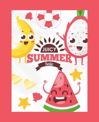 Summer fruits on typographic poster, vector illustration. Funny cartoon characters with smiling faces. Summer sale campaign advertisement, fruity flavor dessert collection. Watermelon, banana, pitaya