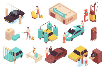 Car Wash Isometric Icons Set