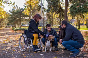 Naklejka na ściany i meble A disabled girl in a wheelchair with friends in the park