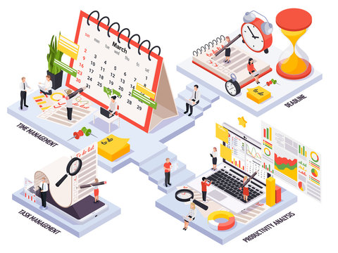 Isometric Time Management Planning Schedule Icon Set