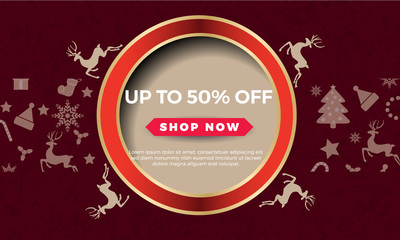 Salle background with christmas toys,trees and deers. Red  background. Vector illustration