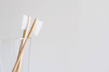 Stylish natural eco friendly toothbrushes with wooden bamboo handle in glass on white background.