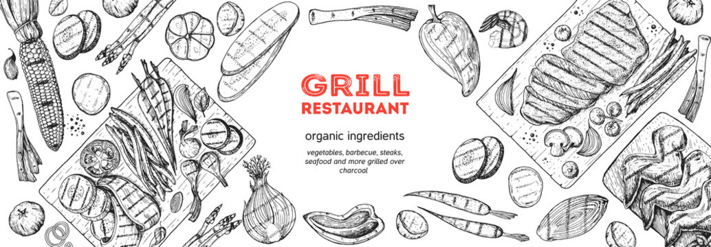 Grilled meat and vegetables top view frame. Vector illustration. Engraved design. Hand drawn illustration. Grill restaurant menu design template. Food on the grill.