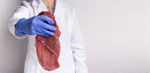 Fototapeta premium Scientist holding raw fresh meat in outstretched hand