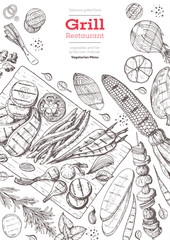 Obraz premium Grilled meat and vegetables top view frame. Vector illustration. Engraved design. Hand drawn illustration. Grill restaurant menu design template. Food on the grill.