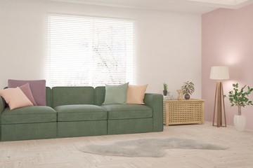 Stylish room in white color with sofa. Scandinavian interior design. 3D illustration