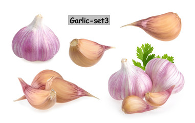 Garlic with cloves isolated on white background. set