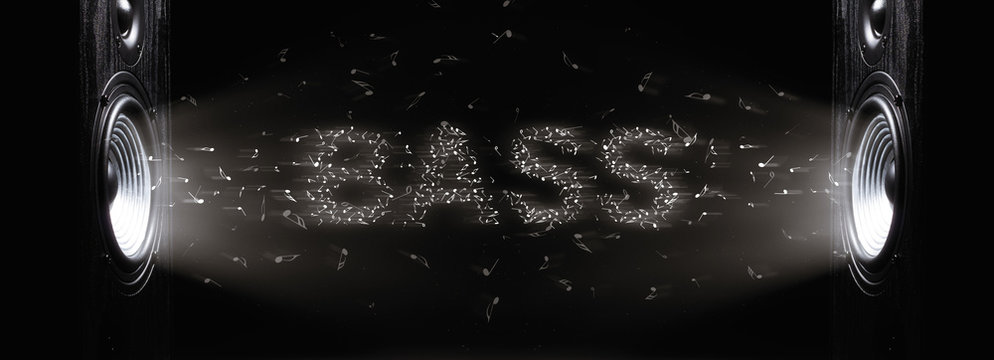 Two sound speakers with text bass between them on black  background. Black and white image.