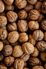Background made of whole walnuts. Detailed closeup.
