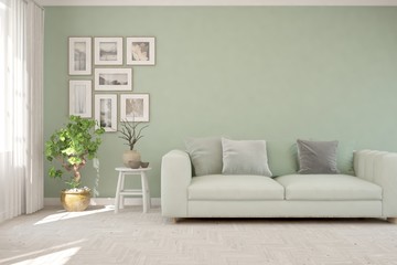 Stylish room in white color with sofa. Scandinavian interior design. 3D illustration