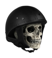Human skull in helmet isolated on white background