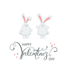 Rabbit Couple and Valentines Hearts on White Background