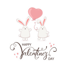 Two Rabbits and Pink Valentines Heart on White Background