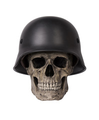 Human skull in military helmet isolated on white background