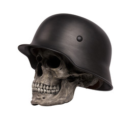 Human skull in military helmet isolated on white background