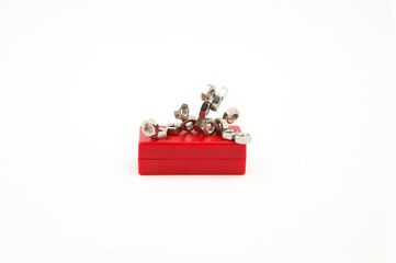magnets on red box isolated on white background
