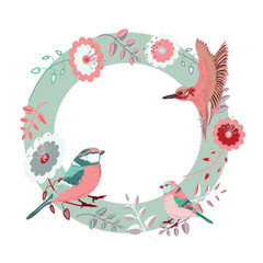 Beautiful floral frame with birds. Light green round frame on white background
