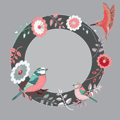 Beautiful floral frame with birds. Green round frame on grey background