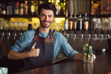 Professional Occupation. Bartender standing at counter serving mojito thumb up looking camera smiling happy