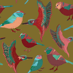 Beautiful birds seamless pattern. Vector illustration of turquoise and red birds on green background