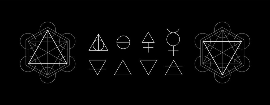Alchemy symbols isolated on dark background. Magic vector decorative elements