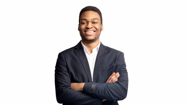 Portrait of happy black guy looking at camera