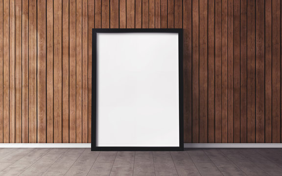 Interior white poster mock up with vertical empty black wooden frame standing on floor. Blank frame with poster mockup for you design. 