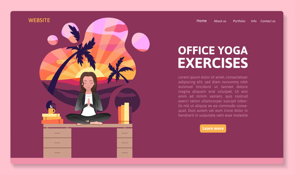 Web page template for Business and Office Yoga. Woman relaxing and medetating in lotus pose. Design for poster, magazine, brochure with colorful pink background. Vector flat illustration