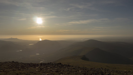 North Wales mountains aerial view at sunset