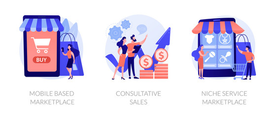 Marketing strategy icons set. Shop gifts and bonuses. Customer relationship management, conversational sales, promotional mix metaphors. Vector isolated concept metaphor illustrations