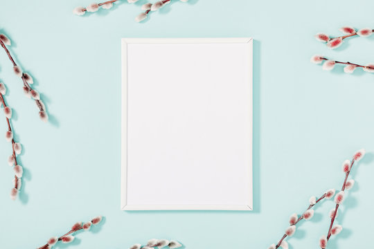 Beautiful flowers composition. Spring background. Photo frame, branches of willows on pastel blue background. Valentines Day, Easter, Happy Women's Day, Mother's day.  Flat lay, top view copy space