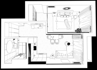 interior contour visualization, 3D illustration, sketch, outline