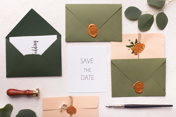 Beautiful pastel pink and green layout envelopes with postcards