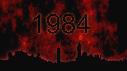 1984. A tragic year for the Sikhism, Sikh Golden Temple on a background of fire - obrazy, fototapety, plakaty