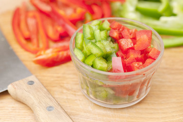  Clear Glass Dish of Diced Red and Green Bell Peppers